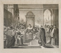 Galileo offre il suo cannocchiale al doge, litografia metv† XIX secolo (Thomas et imprime par Becquet frv®res v† Paris)
