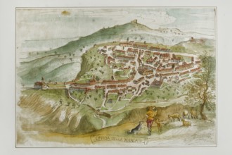 Offida in the Marches. View of the village of Offida, watercolor, 17th century.