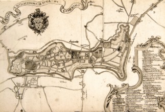 Camerino, 17th century historical map of the city, watercolor drawing, Camerino, Valentiniana Municipal Library