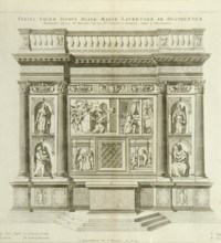 Pierre Mortier, Santuario di Loreto, incisione, XVII secolo. La parete decorativa che ricopre verso occidente la Santa casa della Vergine di Loreto