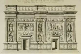 Pierre Mortier, Sanctuary of Loreto, engraving, 17th century. The decorative wall that covers the north side of the Holy House of the Virgin of Loreto.