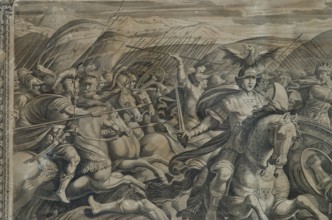 Historical engraving depicting a mythological battle scene, 17th century