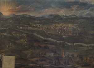 Jesi (Italia, Marche, provincia di Ancona), Biblioteca Planettiana, Sala della direzione. Antonino Sarti (attribuzione), La cittv† di jesi e il suo territorio, olio su tela, XVII secolo