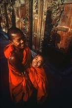 BURMA, Mandalay, View looking down on novice monks   Myanmar