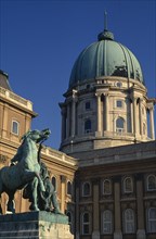 HUNGARY, Budapest, "The Royal Palace, part view of exterior and domed roof with statue of man
