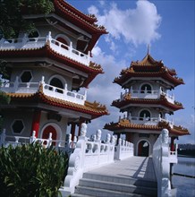 SINGAPORE, Sentosa, The Chinese Gardens. Twin chinese towers with paved entrance steps