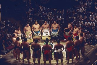 JAPAN, Honshu, Tokyo, Sumo wrestlers at the opening ceremony at Kokugikan
