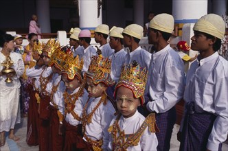 MYANMAR, Religion, Buddhism, Novice monk initiation ceremony before entry into monastery.