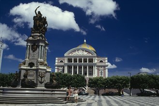 BRAZIL, Amazonas, Manaus, Opera House ornate exterior seen over square with central column and