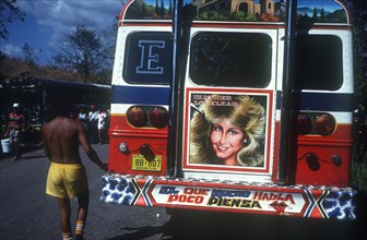 PANAMA, Via Espania, Transport, Customised Bus brightly painted with portrait on the back