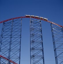 ENGLAND, Blackpool, "View looking up at a carriage at the top of The Big One roller coaster, the