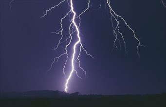 WEATHER, Rain, Lightning, Fork lightning in electric storm at night striking ground