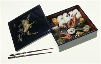 JAPAN, Food and Drink, Bento box packed with meal of sushi