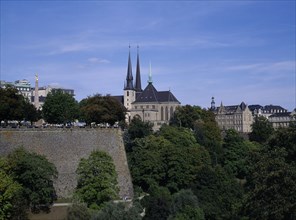 LUXEMBOURG, Luxembourg City, 17th century gothic cathedral of Notre Dame seen from Adolphe Bridge.