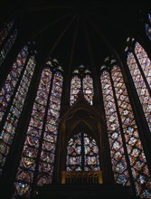 FRANCE, Ile de France, Paris, Sainte Chapelle interior view of stained glass windows.
