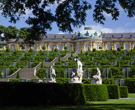 GERMANY, Brandenberg, Potsdam, "Sanssouci Park.  Terraced steps and topiary leading to Palace, with
