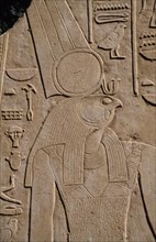 EGYPT, Luxor, Karnak, Relief carving of Montu the hawk headed war god