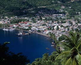 WEST INDIES, St Lucia, Soufriere, Elevated view over town and bay