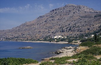 GREECE, Dodecanese Islands, Rhodes, Pefkos south of Lindos with a view of the coastline and