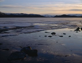 FINLAND, Lapland, "Kilpisjarvi     West panorama to Norway,midnight sun,Way of the Four Winds,lake
