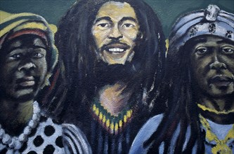 WEST INDIES, Jamaica, Kingston, Bob Marley Museum mural.