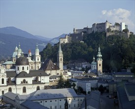 AUSTRIA, Salzburg Province, Salzburg, Hohensalzburg Fortress on wooded hill beyond the city