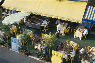 FRANCE, Normandy, Dieppe, Aerial view of cafe tables