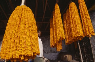INDIA, West Bengal, Calcutta, Man standing between orange marigold flower garlands.