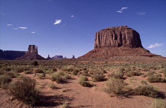 USA, Arizona , Monument Valley, Panoramic view of The Mittens and other monoliths