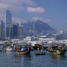HONG KONG, Causeway Bay, Typhoon Shelter with Sampans and Junks with Wanchai skyline beyond