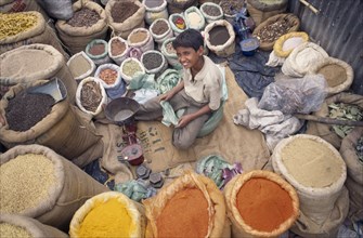 INDIA, Delhi , Spice market, View looking down on young vendor sitting at scales in the middle of