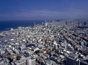 ISRAEL, Tel Aviv , Aerial View over the city toward the coast from the Shalom Tower.
