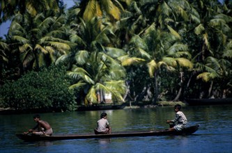 INDIA, Kerala, Near Cochin , Backwaters. Three people in a canoe passing palm lined banks