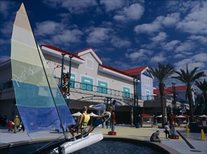 USA, Florida, Orlando, Pointe Orlando Shopping Complex with a sail boat display statue near