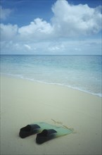 SEYCHELLES, General, Denis Island, Snorkling flippers on beach near to the waters edge