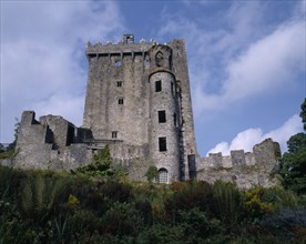 IRELAND, County Cork, Blarney, " Blarney Castle, grey stone castle with garden in front "
