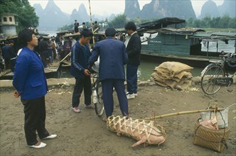 CHINA, Guangxi Province, Guilin , Villagers loading boats after market with pig in basket in the