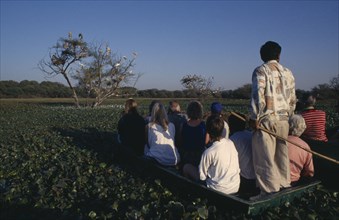 INDIA, Rajasthan, Bharatpur Nature Reserve, Tourists sitting in a boat at dusk watching storks