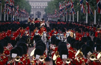 SOCIETY, Military, Army, The Queen and Prince Phillip returning down The Mall with Guardsmen after