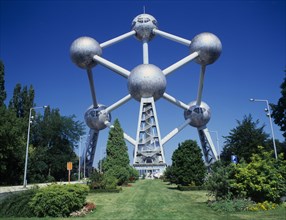 BELGIUM, Brabant, Brussels, "The Atomium and garden. There are nine steel spheres, housing