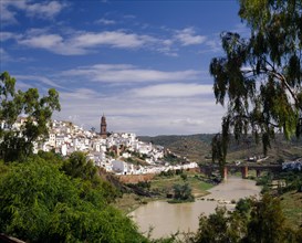 SPAIN, Andalucia, Cordoba Province, "Montoro, view over white painted hillside village with river