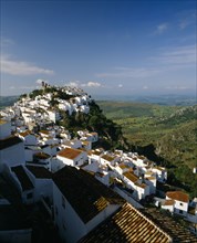 SPAIN, Andalucia, Carares, General view of hillside town with white houses & church on hilltop