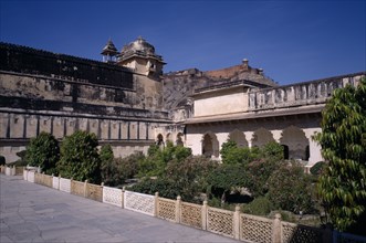 INDIA, Rajasthan, Amber, Palace and Fort. Internal view over garden