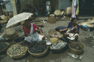 INDIA, Goa, Margao, The fish market with smiling woman holding umbrella as a sun shade