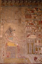 EGYPT, Nile Valley, Luxor, Hatshepsut Temple. Anubis relief painting on the tomb wall