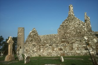 IRELAND, West Meath, Clonmacnoise, Ruins of 9th or 10th Century Monastery in the Shannon Valley