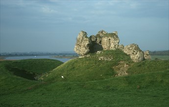 IRELAND, West Meath, Clonmacnoise, Ruins of 11th Century Castle in the Shannon Valley