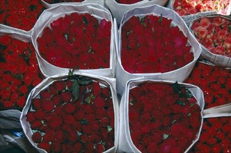 THAILAND, Bangkok, Close up of bunches of red Roses on display at the Flower Market