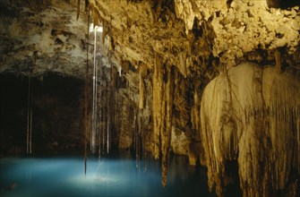 MEXICO, Yucatan , Valladolid , Stalactites in underground well Cenote Dzitnup