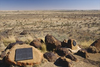 SOUTH AFRICA, Northern Cape, Near Kimberly, Plaque on stone at Magersfontein Battlefield site.
